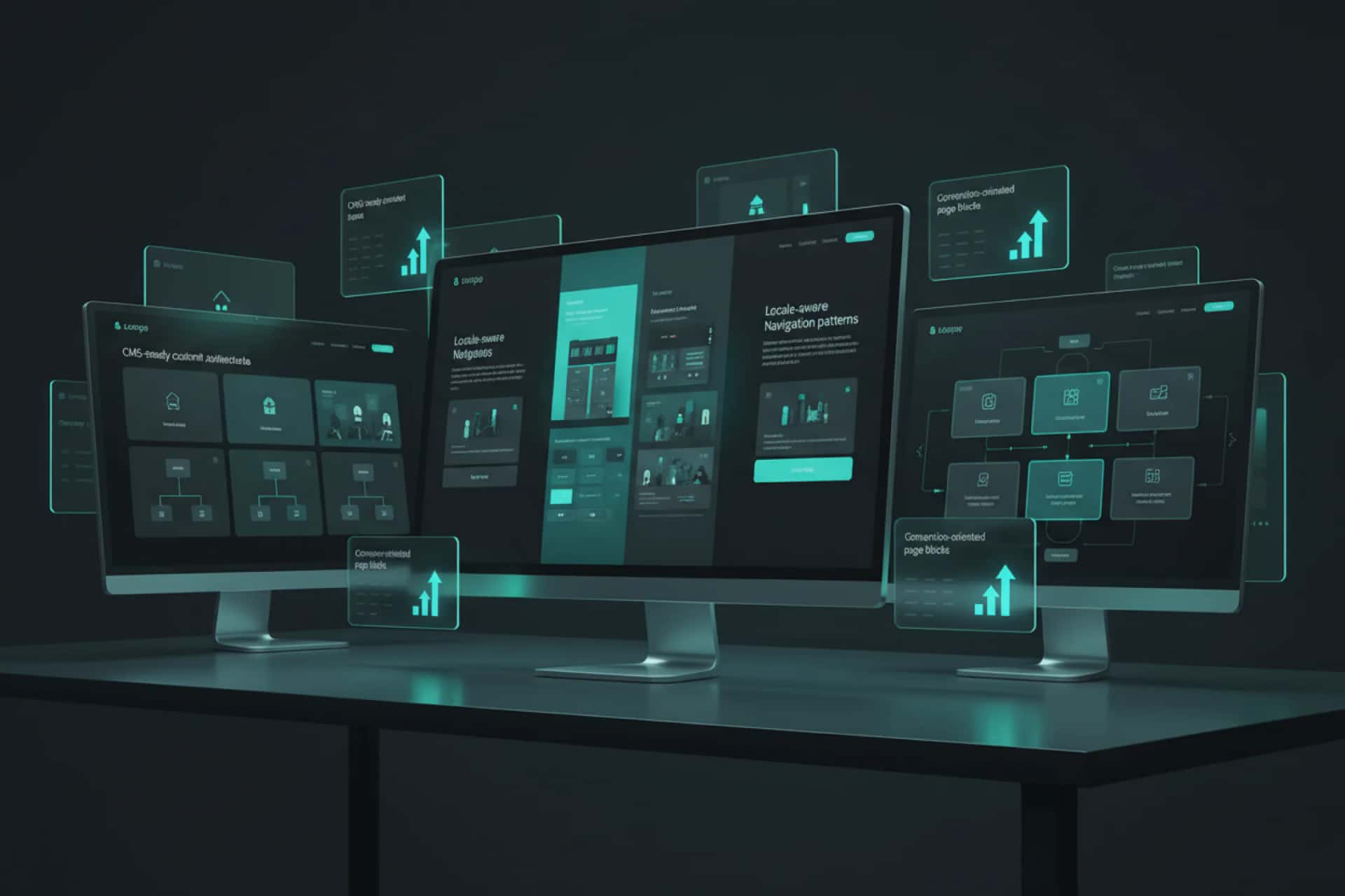 Bilingual SaaS product marketing illustration with multilingual screens