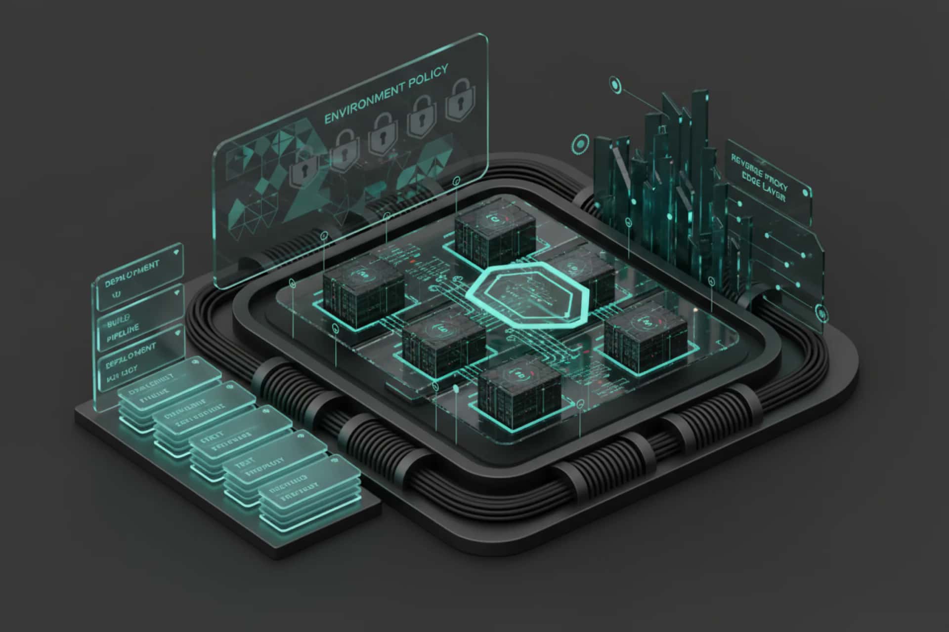 Secure runtime baseline illustration with containers, proxy and health checks