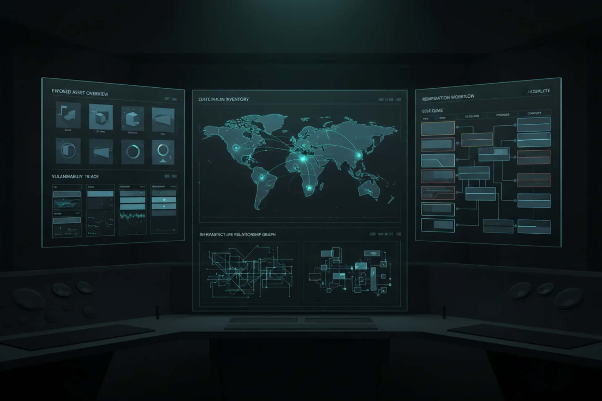 Threat surface portal illustration with asset inventory and issue triage views