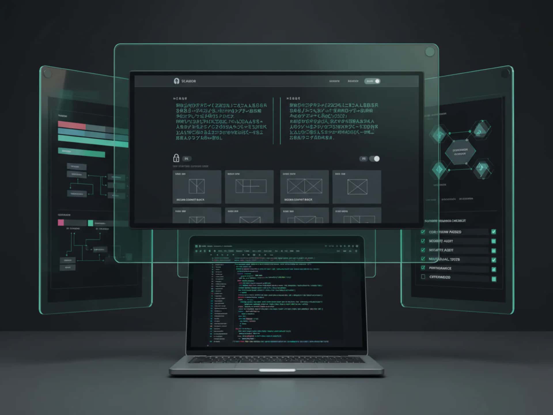 Backend development illustration with application panels, code structure and workflow blocks