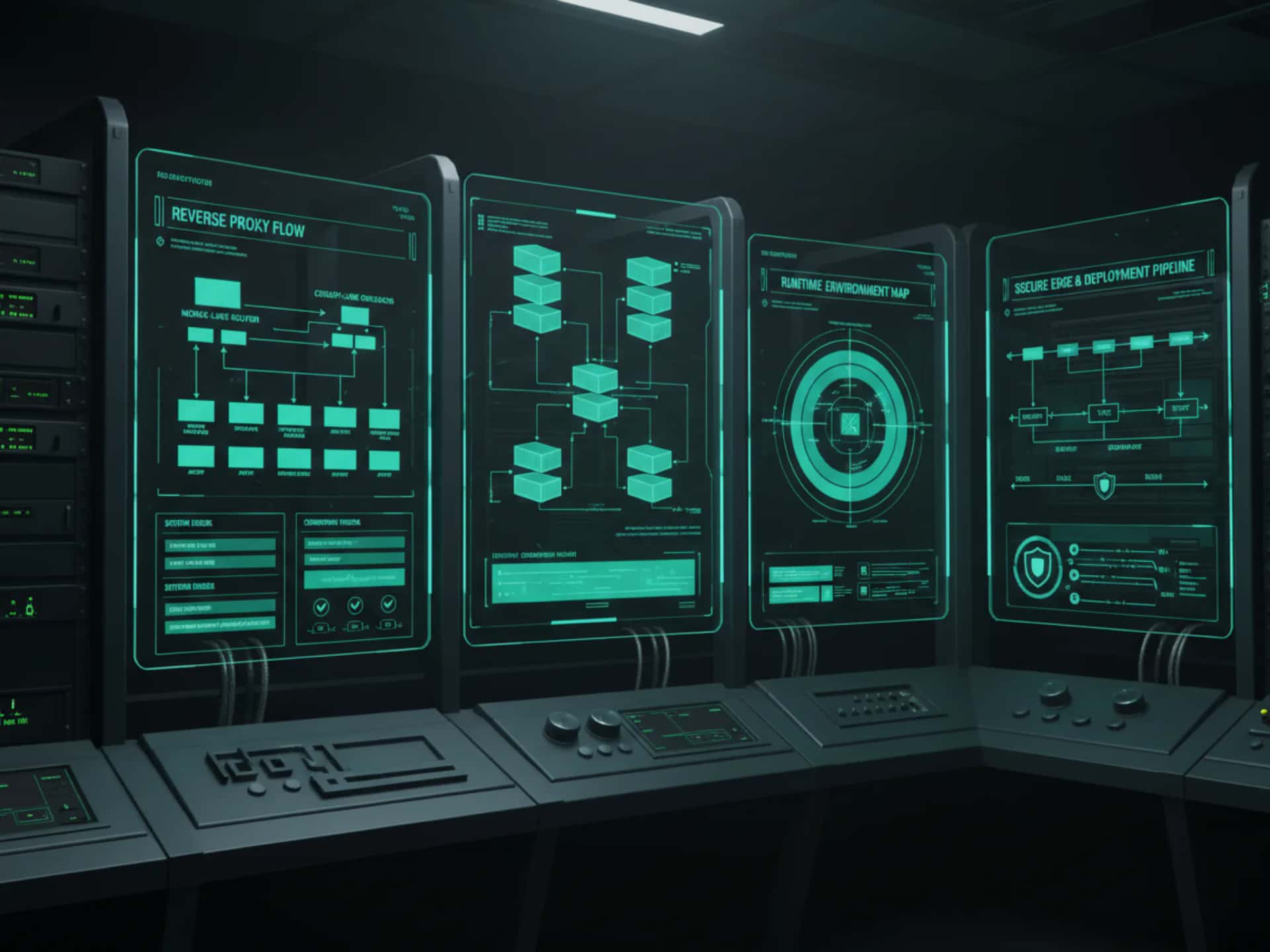 Platform engineering illustration with proxy layers, databases, mail services and operational dashboards