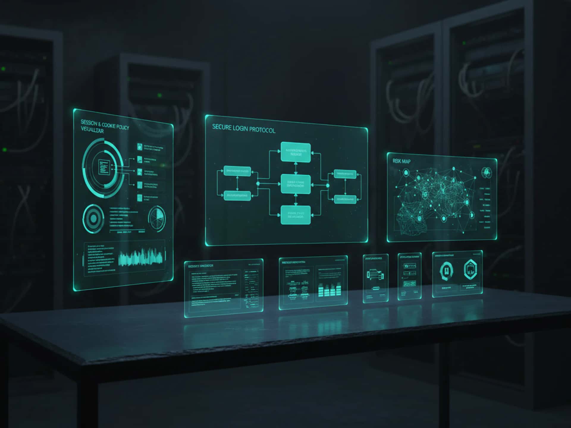 Security review themed illustration with secure portal and monitoring panels