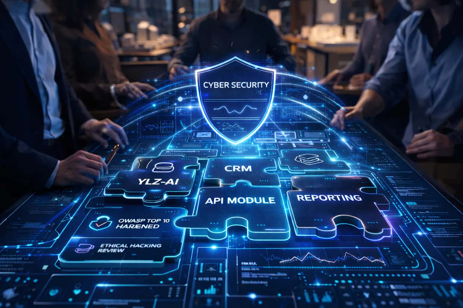 YLZ-AI visual showing cyber security, API modules, CRM integration and reporting workflows