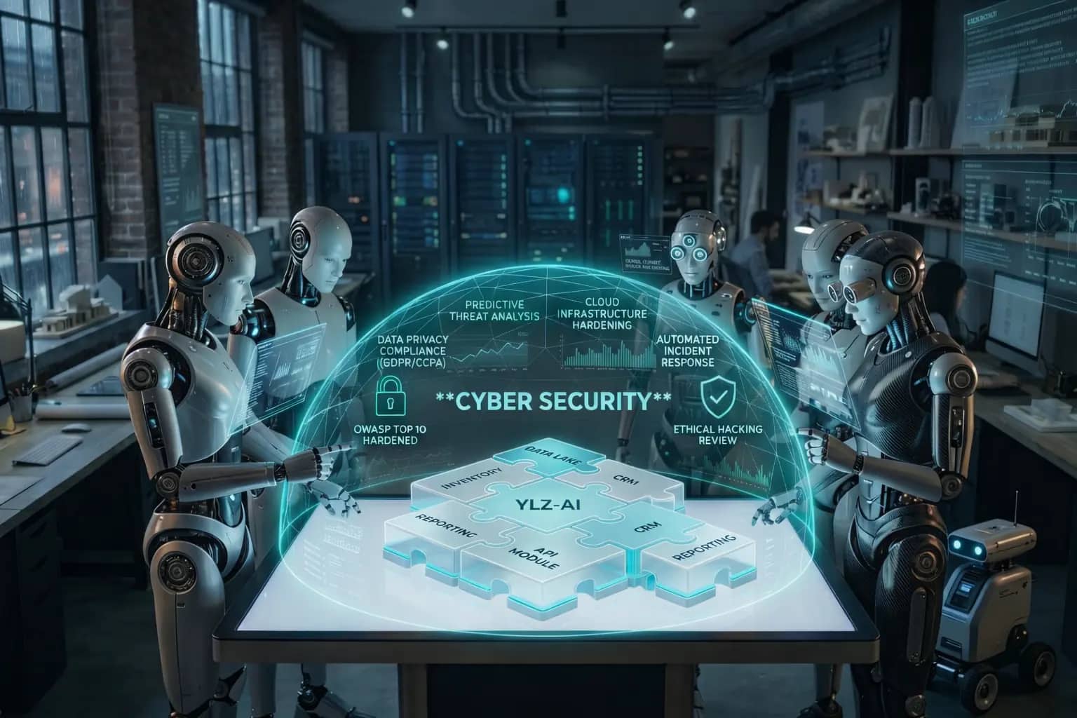 YLZ-AI visual showing cyber security, CRM integration, API modules and reporting workflows