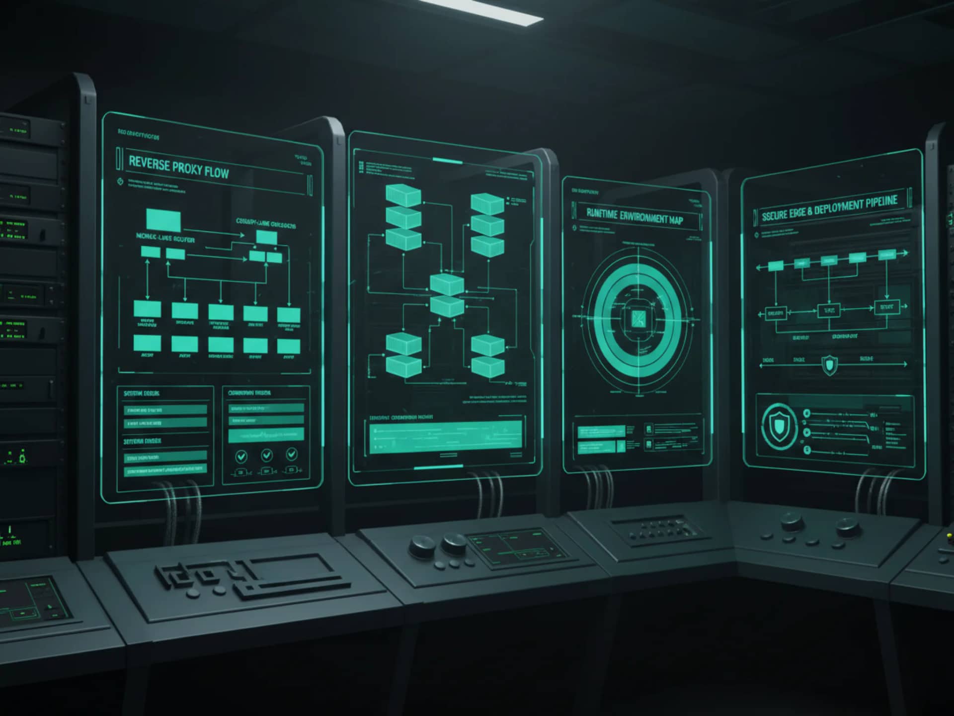 Platform engineering illustration with proxy layers, databases, mail services and operational dashboards