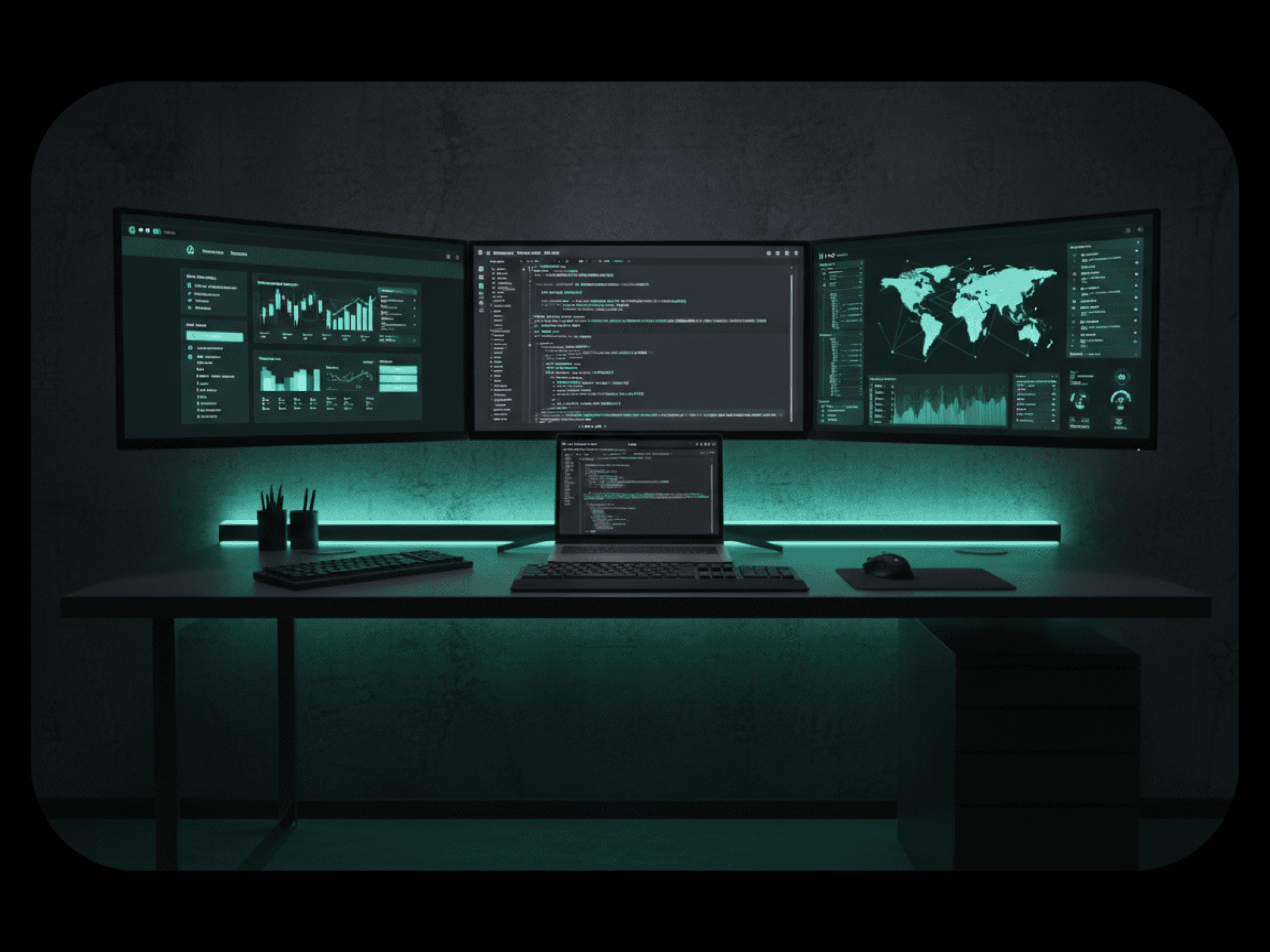 Editorial illustration representing an independent cybersecurity and full-stack specialist at work