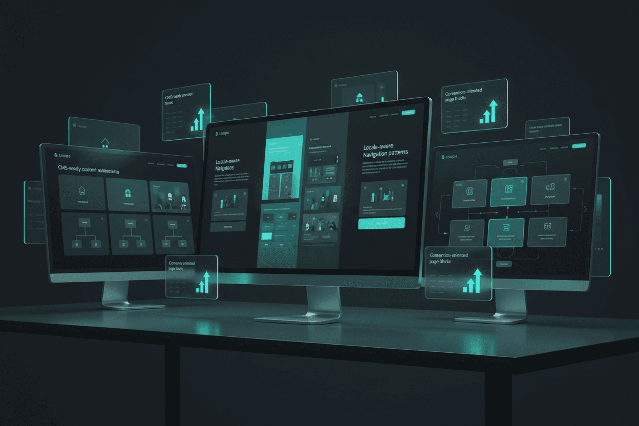 Bilingual SaaS product marketing illustration with multilingual screens