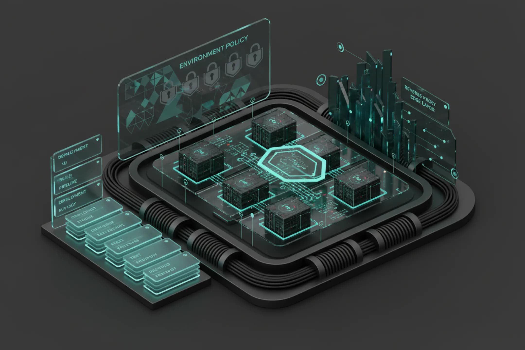 Container, proxy ve health check öğeleri içeren güvenli runtime illüstrasyonu