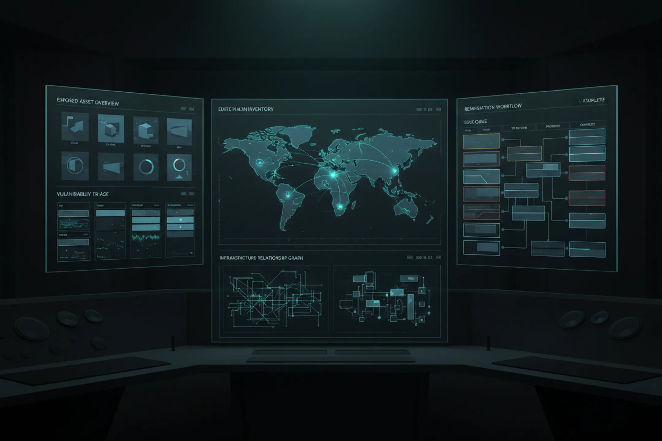 Varlık envanteri ve bulgu triage ekranlarını gösteren threat surface portal illüstrasyonu