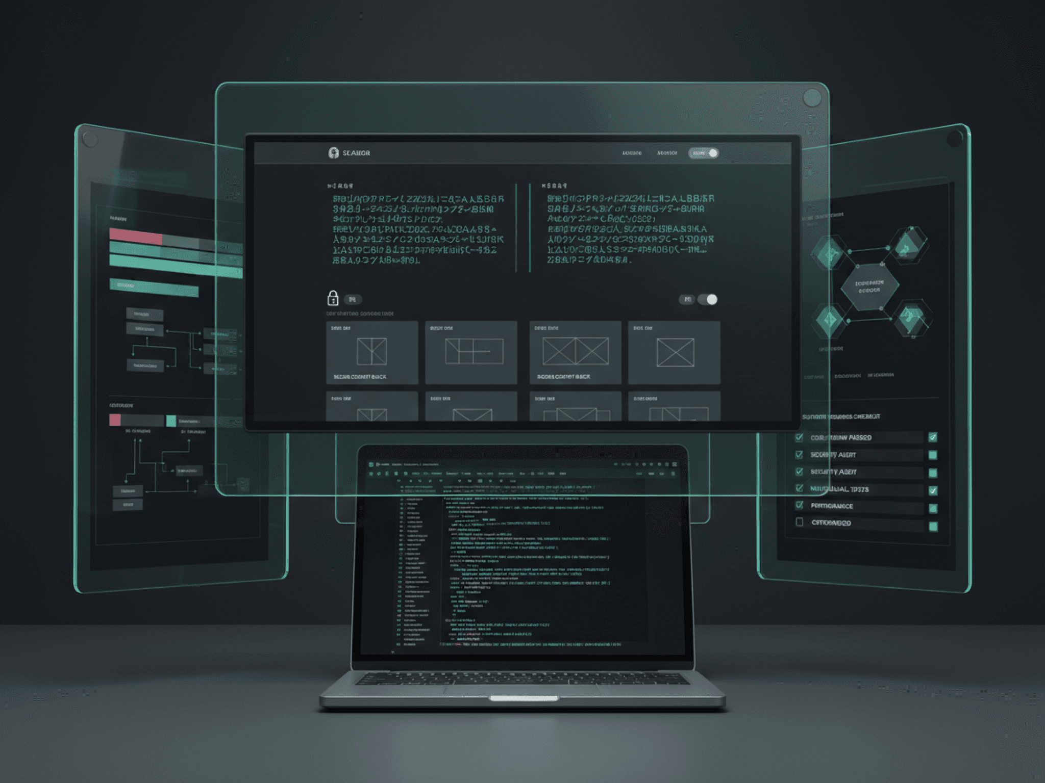 Backend development illustration with application panels, code structure and workflow blocks