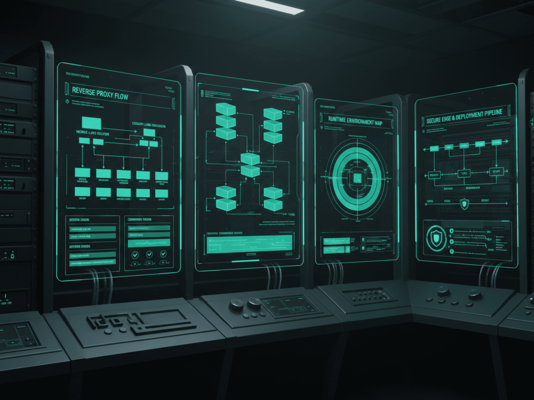 Platform engineering illustration with proxy layers, databases, mail services and operational dashboards