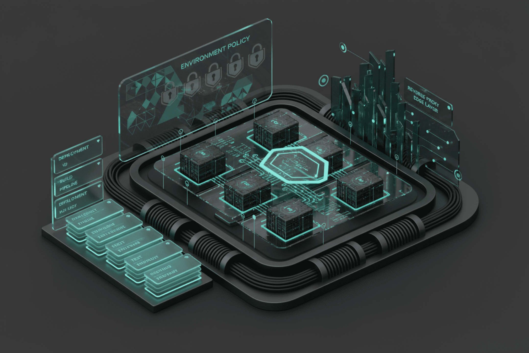 Container, proxy ve health check öğeleri içeren güvenli runtime illüstrasyonu